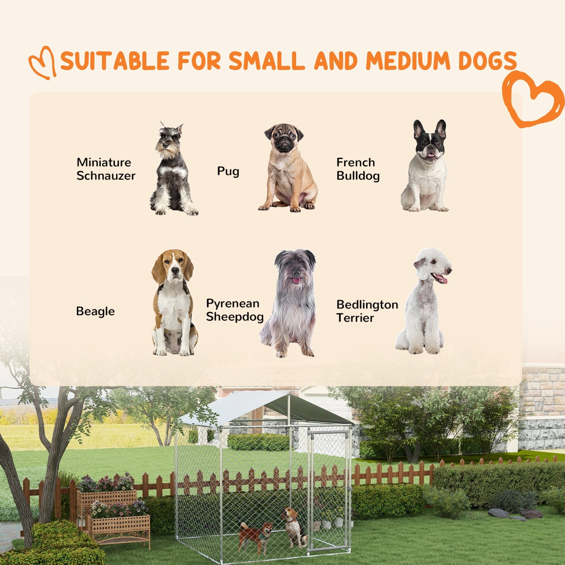 HKM-4613437 Outdoor Dog Kennel for Small to Medium Dogs with Waterproof Roof - 6.6' x 6.6' x 7.8' Silver, Heavy-Duty Steel Construction