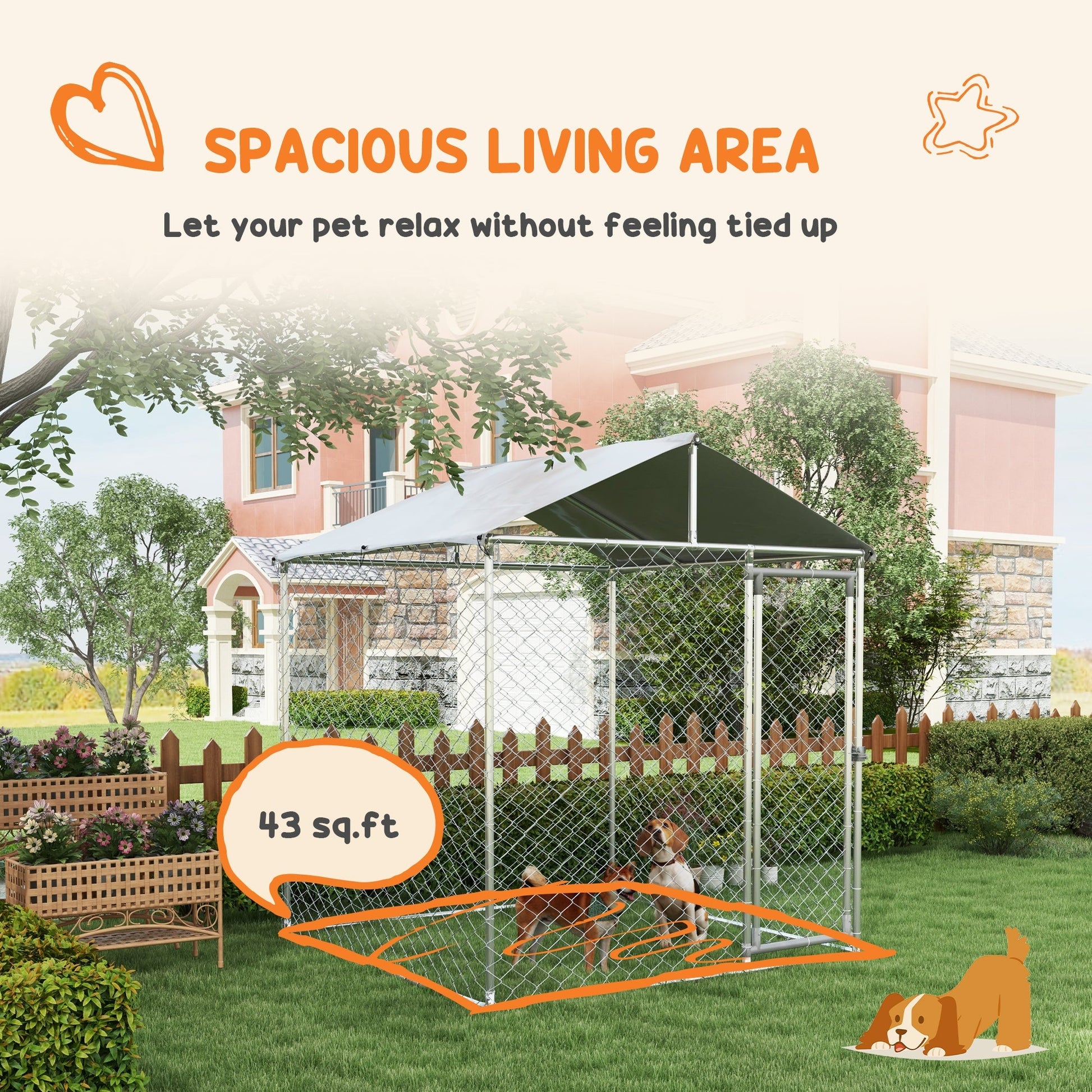 HKM-4613437 Outdoor Dog Kennel for Small to Medium Dogs with Waterproof Roof - 6.6' x 6.6' x 7.8' Silver, Heavy-Duty Steel Construction
