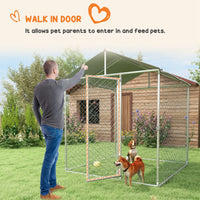 HKM-4613437 Outdoor Dog Kennel for Small to Medium Dogs with Waterproof Roof - 6.6' x 6.6' x 7.8' Silver, Heavy-Duty Steel Construction