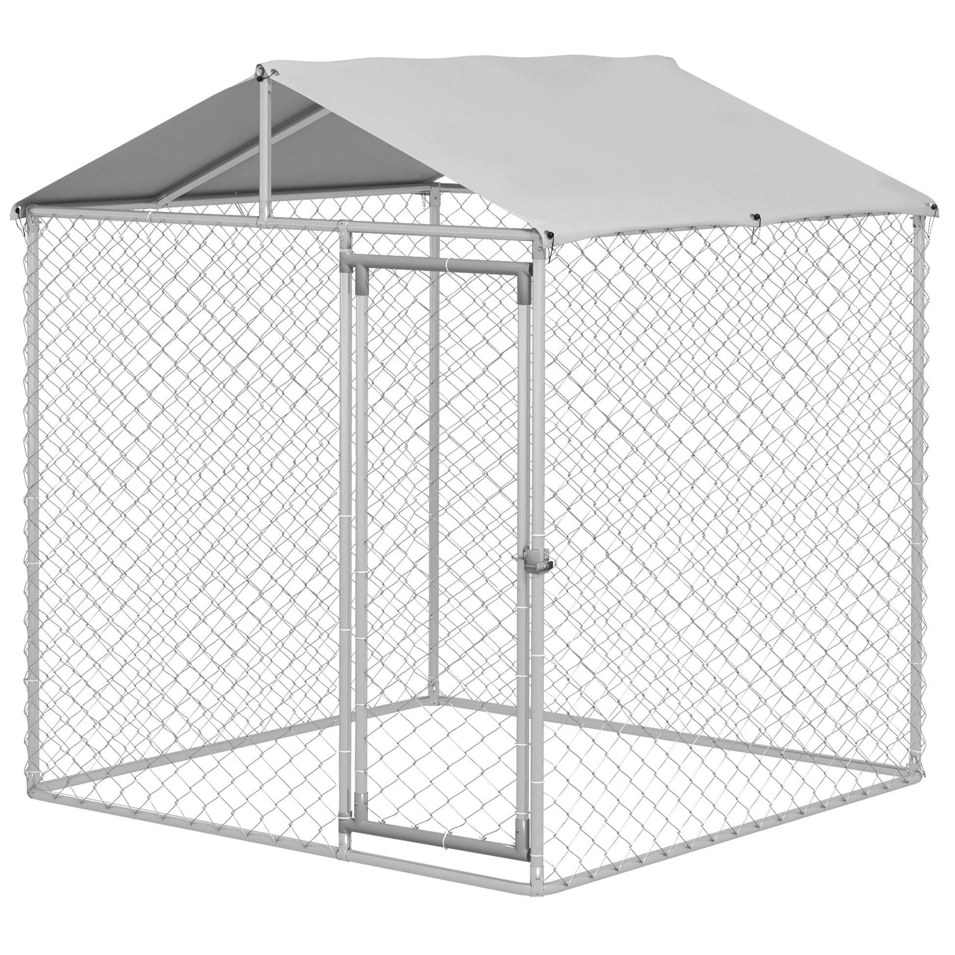 HKM-4613437 Outdoor Dog Kennel for Small to Medium Dogs with Waterproof Roof - 6.6' x 6.6' x 7.8' Silver, Heavy-Duty Steel Construction