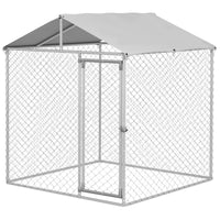 HKM-4613437 Outdoor Dog Kennel for Small to Medium Dogs with Waterproof Roof - 6.6' x 6.6' x 7.8' Silver, Heavy-Duty Steel Construction
