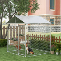 HKM-4613437 Outdoor Dog Kennel for Small to Medium Dogs with Waterproof Roof - 6.6' x 6.6' x 7.8' Silver, Heavy-Duty Steel Construction