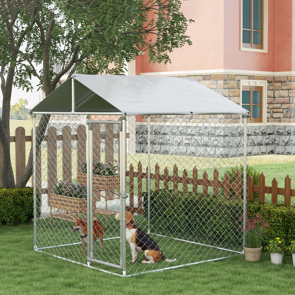 HKM-4613437 Outdoor Dog Kennel for Small to Medium Dogs with Waterproof Roof - 6.6' x 6.6' x 7.8' Silver, Heavy-Duty Steel Construction