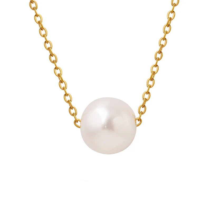 HKM-461395 Fashion Jewelry Gold Plated Freshwater Pearl Necklace Stainless Steel Chain Link Natural Pearl Pendant Necklace