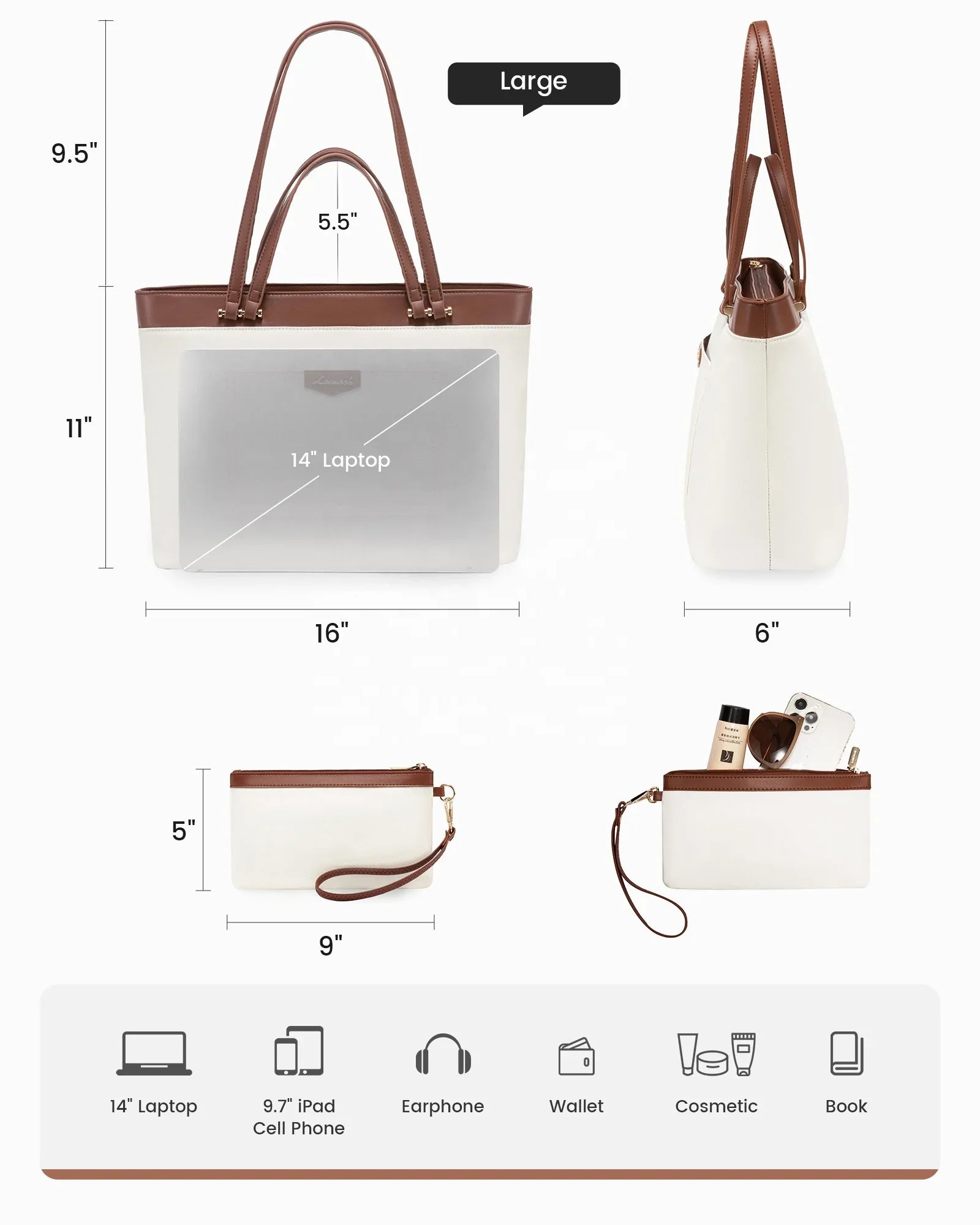 HKM-461395 Spacious 14 Inch PU Leather Briefcase for Women - Stylish Tote with Compartments for Office and School