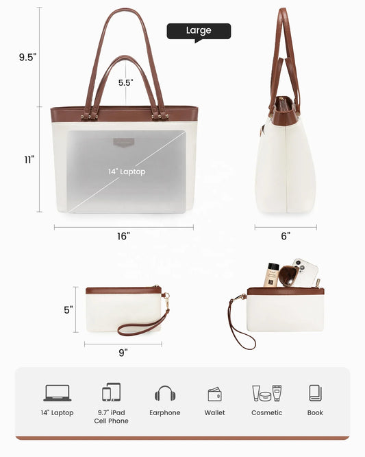 HKM-461395 Spacious 14 Inch PU Leather Briefcase for Women - Stylish Tote with Compartments for Office and School