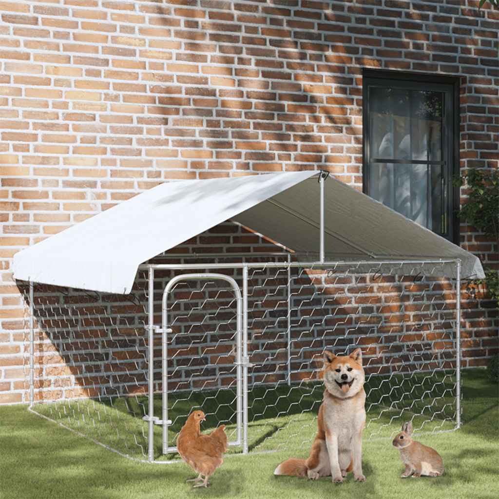 HKM-4614845 Outdoor Dog Kennel with Roof - Galvanized Steel, Weather-Resistant, Secure Play Area for Pets
