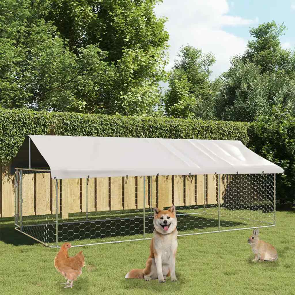 HKM-4614845 Outdoor Dog Kennel with Roof - Galvanized Steel, Weather-Resistant, Secure Play Area for Pets
