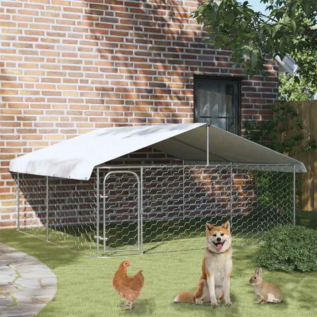 HKM-4614845 Outdoor Dog Kennel with Roof - Galvanized Steel, Weather-Resistant, Secure Play Area for Pets