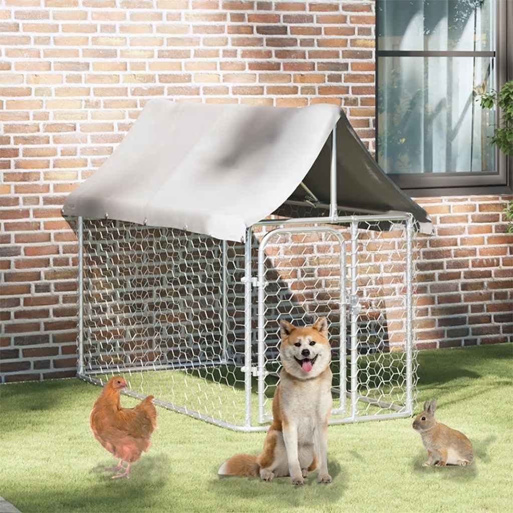 HKM-4614845 Outdoor Dog Kennel with Roof - Galvanized Steel, Weather-Resistant, Secure Play Area for Pets