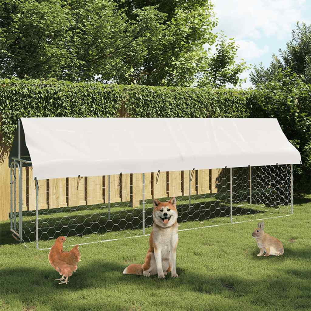 HKM-4614845 Outdoor Dog Kennel with Roof - Galvanized Steel, Weather-Resistant, Secure Play Area for Pets