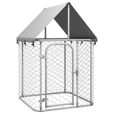 HKM-4614845 Outdoor Dog Kennel with Roof - Galvanized Steel, Weather-Resistant, Secure Play Area for Pets