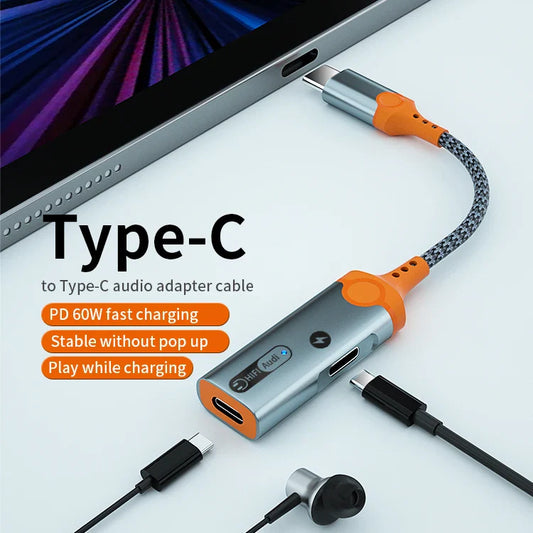 HKM-461907 Type C to 3.5mm and Dual USB-C Earphone Adapter with PD 60W Charging and DAC Audio for iPhone 15