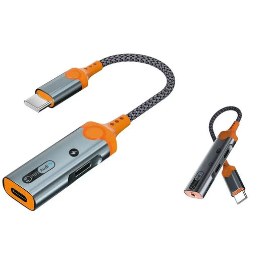 HKM-461907 Type C to 3.5mm and Dual USB-C Earphone Adapter with PD 60W Charging and DAC Audio for iPhone 15
