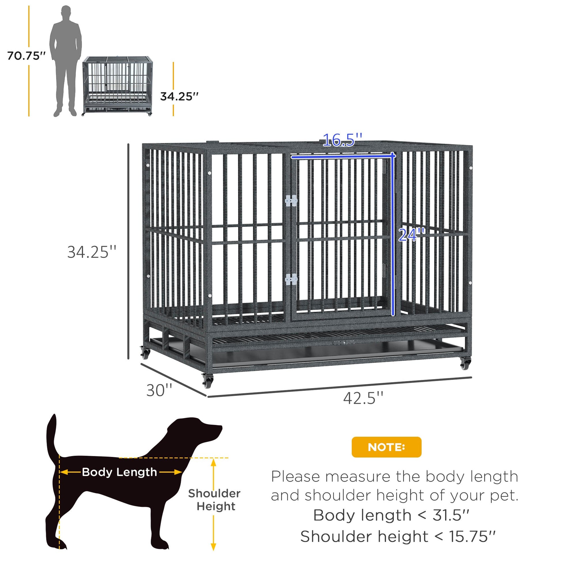 HKM-4619197 Heavy Duty 43" Dog Crate Metal Cage with Lockable Wheels, Double Door, Removable Tray in Gray