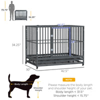 HKM-4619197 Heavy Duty 43" Dog Crate Metal Cage with Lockable Wheels, Double Door, Removable Tray in Gray
