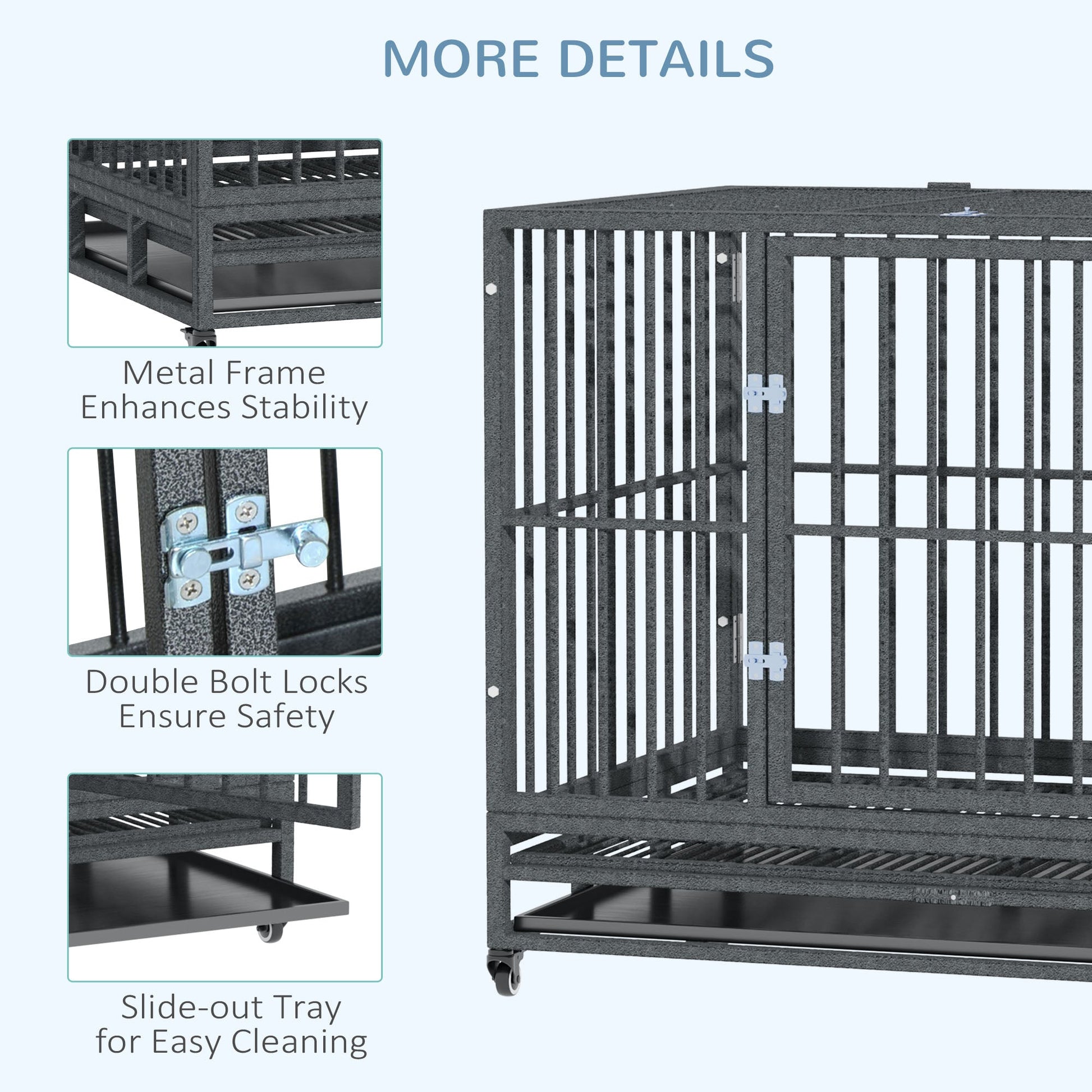 HKM-4619197 Heavy Duty 43" Dog Crate Metal Cage with Lockable Wheels, Double Door, Removable Tray in Gray