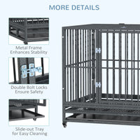 HKM-4619197 Heavy Duty 43" Dog Crate Metal Cage with Lockable Wheels, Double Door, Removable Tray in Gray