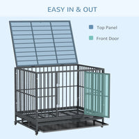 HKM-4619197 Heavy Duty 43" Dog Crate Metal Cage with Lockable Wheels, Double Door, Removable Tray in Gray