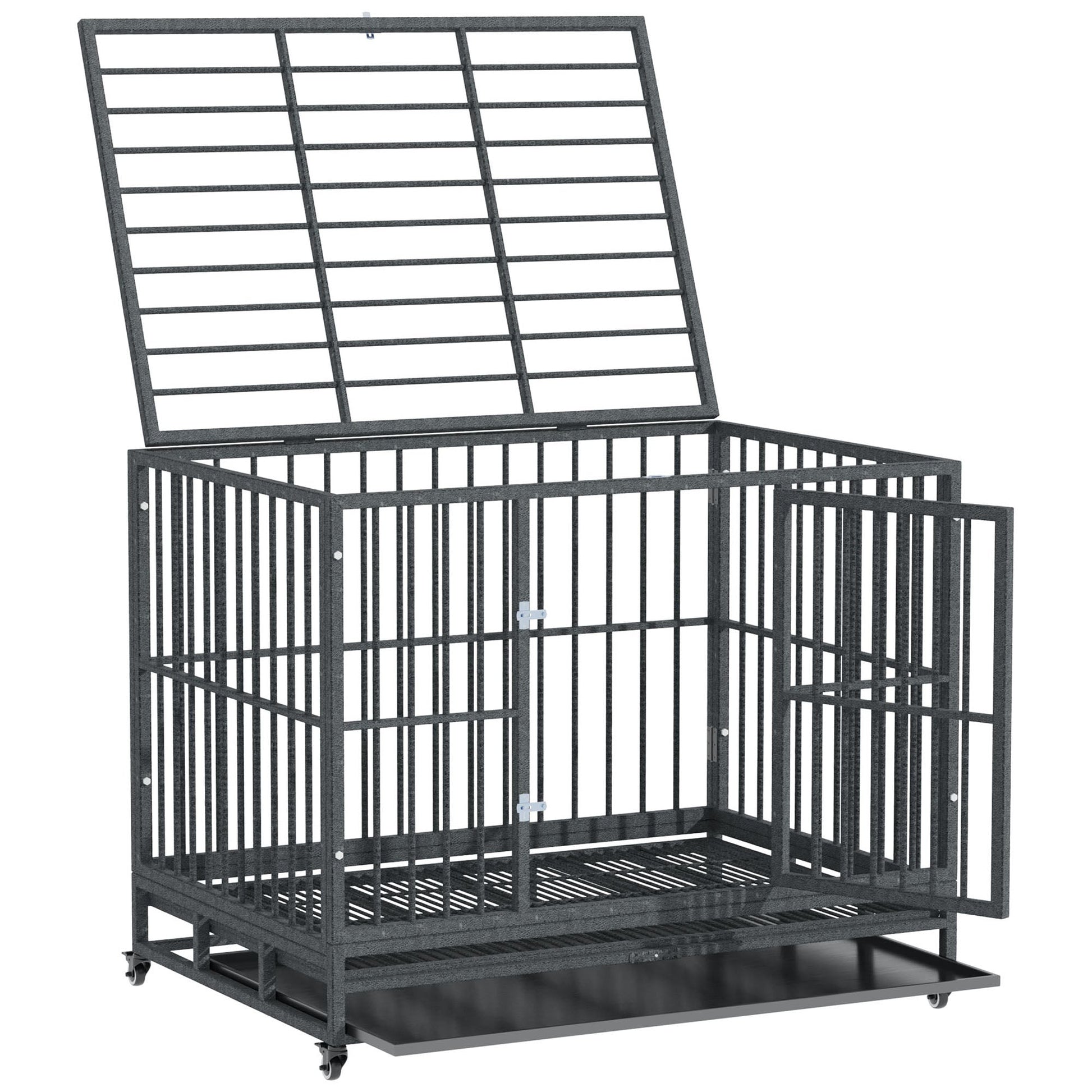 HKM-4619197 Heavy Duty 43" Dog Crate Metal Cage with Lockable Wheels, Double Door, Removable Tray in Gray