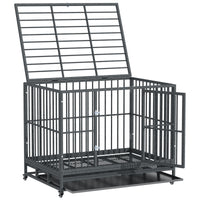 HKM-4619197 Heavy Duty 43" Dog Crate Metal Cage with Lockable Wheels, Double Door, Removable Tray in Gray