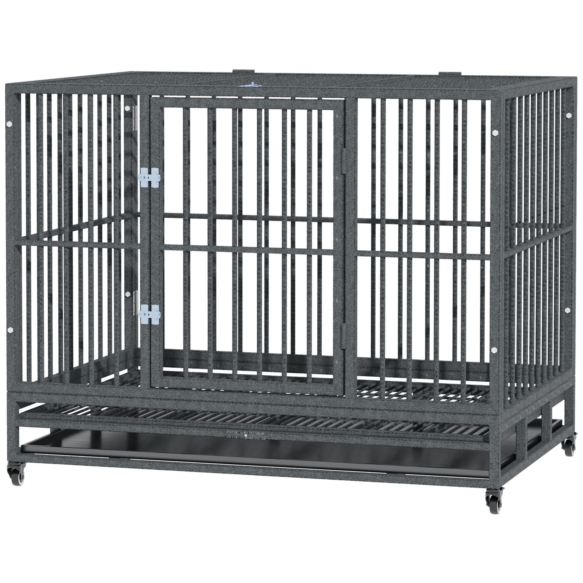 HKM-4619197 Heavy Duty 43" Dog Crate Metal Cage with Lockable Wheels, Double Door, Removable Tray in Gray