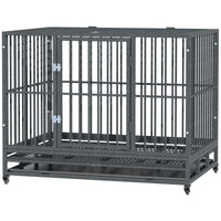HKM-4619197 Heavy Duty 43" Dog Crate Metal Cage with Lockable Wheels, Double Door, Removable Tray in Gray
