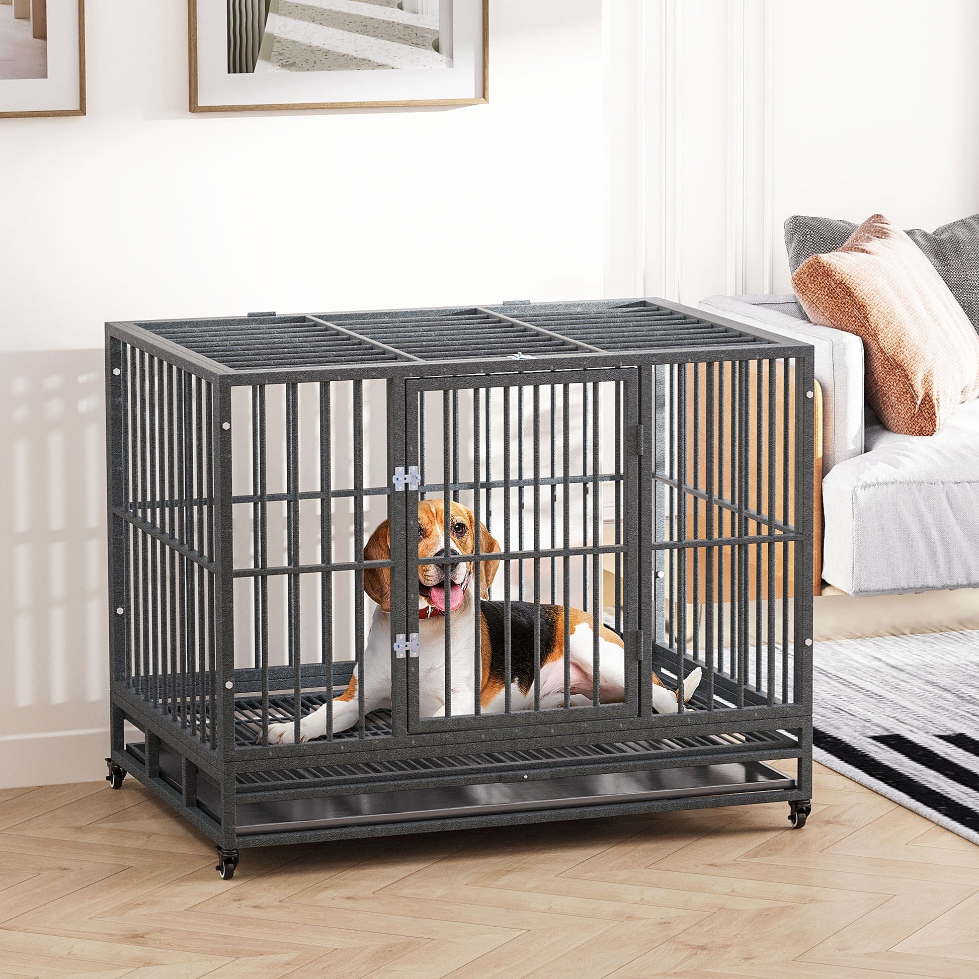 HKM-4619197 Heavy Duty 43" Dog Crate Metal Cage with Lockable Wheels, Double Door, Removable Tray in Gray
