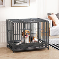 HKM-4619197 Heavy Duty 43" Dog Crate Metal Cage with Lockable Wheels, Double Door, Removable Tray in Gray