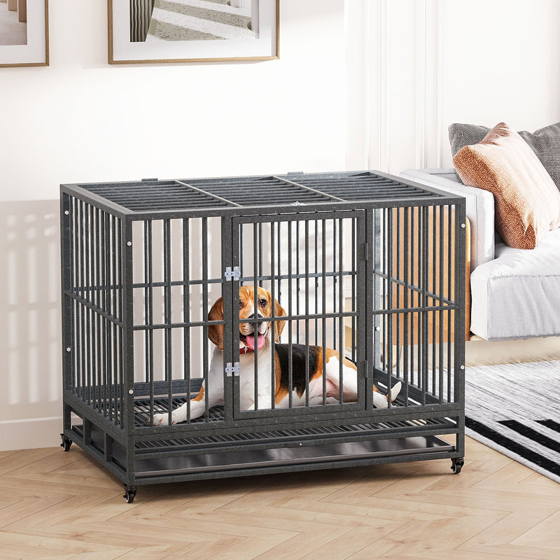 HKM-4619197 Heavy Duty 43" Dog Crate Metal Cage with Lockable Wheels, Double Door, Removable Tray in Gray