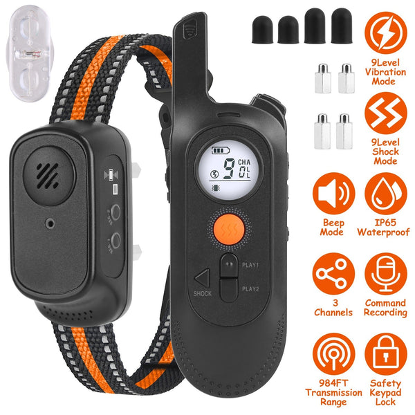 HKM-4620989 Rechargeable Dog Training Collar with 3 Training Modes, IP65 Waterproof, 984FT Range, Safety Lock, and Adjustable Correction Levels