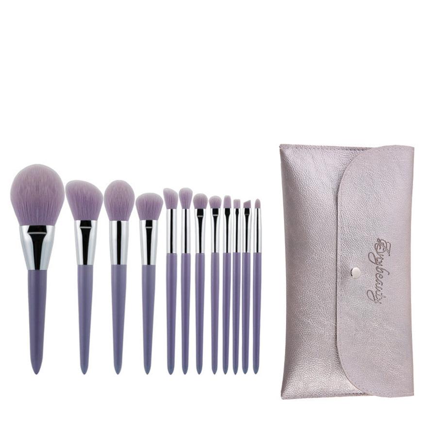 HKM-462227 Fragrant Taro Color 12-Piece Makeup Brush Set with Portable Plastic Handles