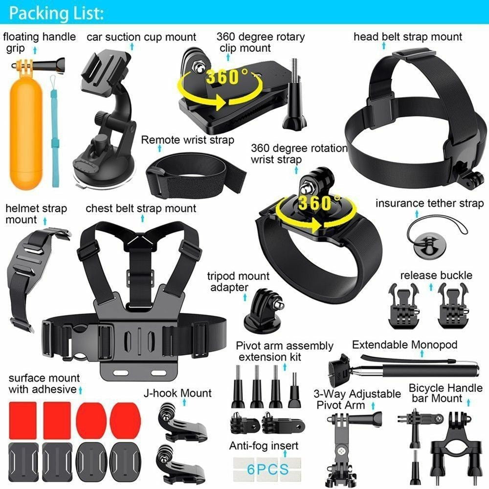 HKM-462227 Universal Sports Camera Mounting Accessories Kit with Chest Strap, Head Belt, Monopod, and More