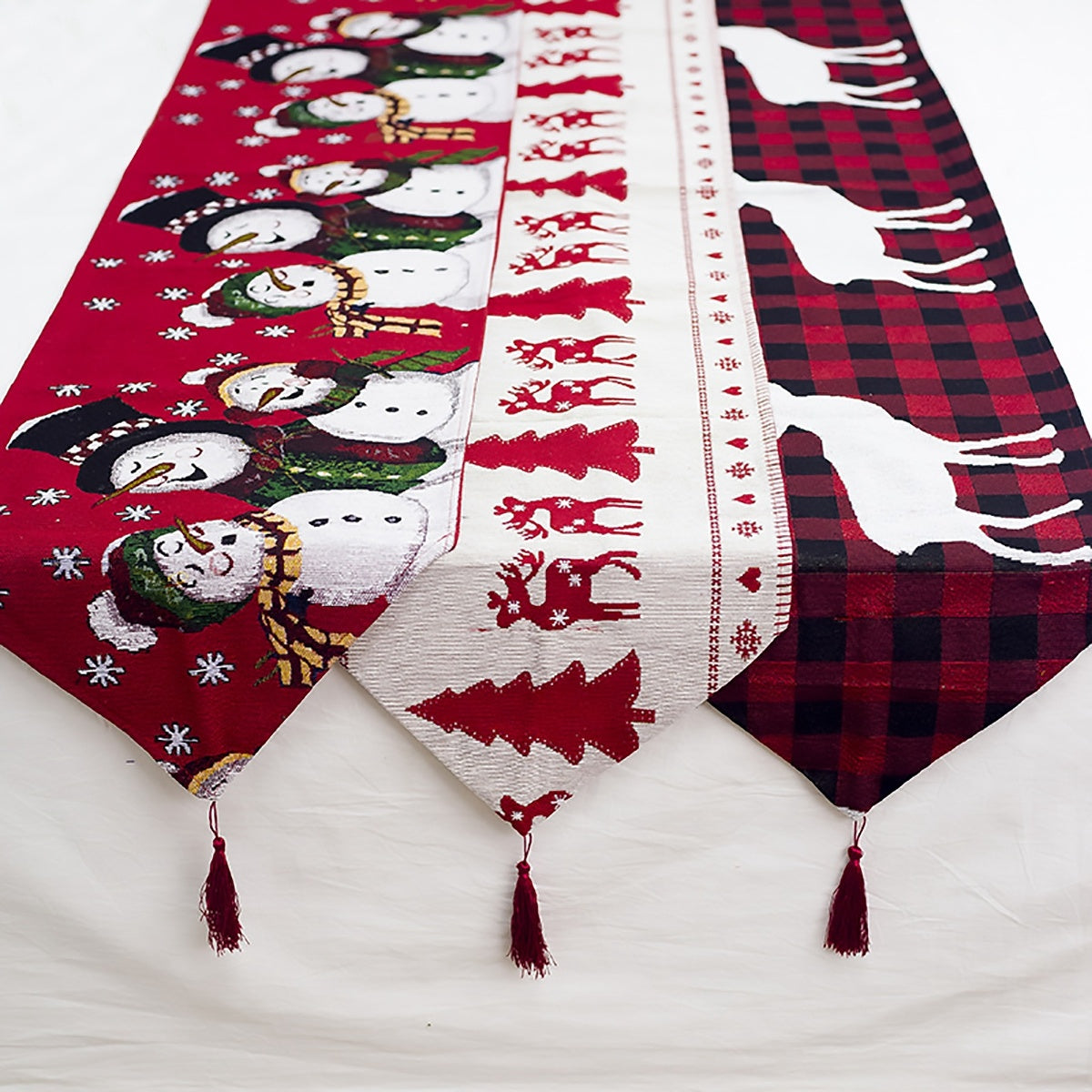 HKM-462611 Christmas Elk and Snowman Cotton Linen Table Runner, 35x180cm Holiday Decoration