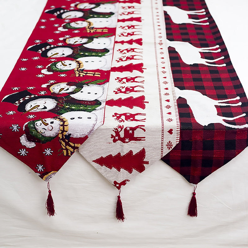 HKM-462611 Christmas Elk and Snowman Cotton Linen Table Runner, 35x180cm Holiday Decoration