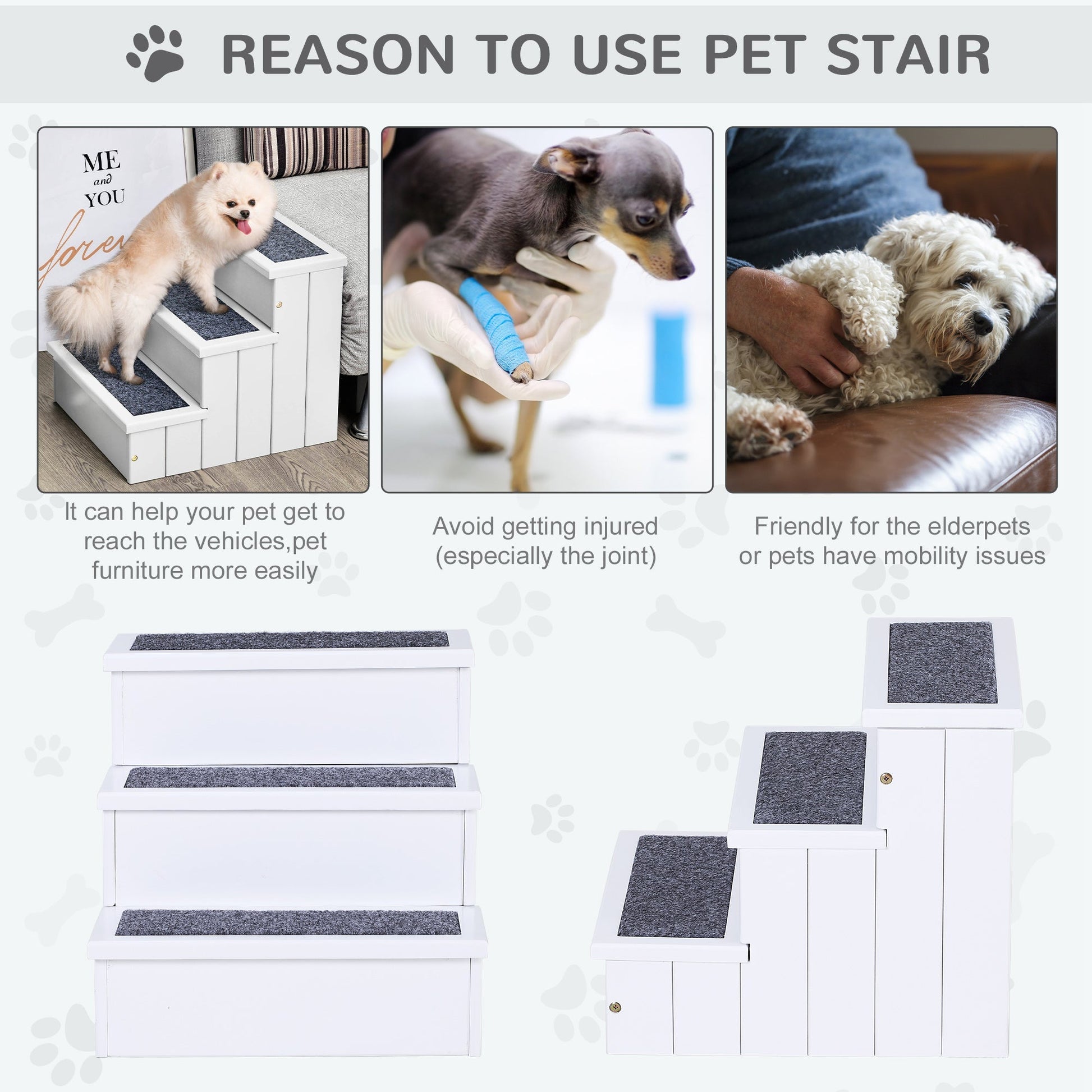 HKM-4626749 3-Step Carpeted Non-Slip Pet Stairs for Cats & Small Dogs - Compact Storage Design
