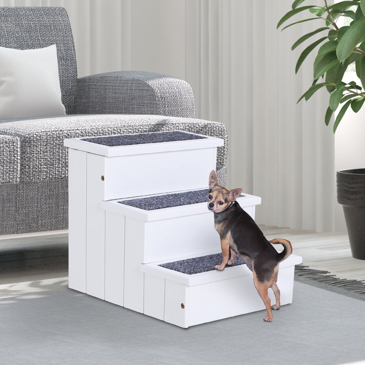 HKM-4626749 3-Step Carpeted Non-Slip Pet Stairs for Cats & Small Dogs - Compact Storage Design