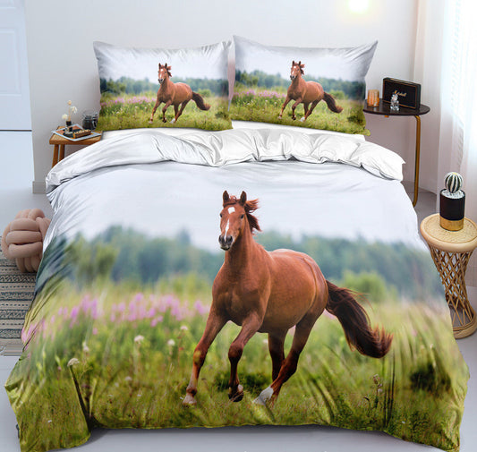 HKM-462995 Customizable 3D Digital Horse Pattern Bedding Set - Three or Four-Piece Polyester Collection for 2.0m Beds