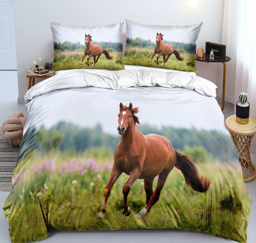 HKM-462995 Customizable 3D Digital Horse Pattern Bedding Set - Three or Four-Piece Polyester Collection for 2.0m Beds
