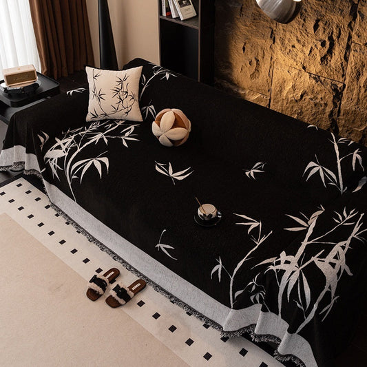 HKM-462995 Modern Chenille Sofa Cover with Plant and Flower Pattern in Gray and Black