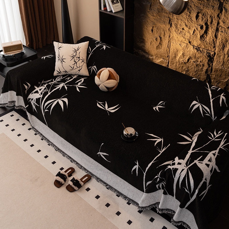 HKM-462995 Modern Chenille Sofa Cover with Plant and Flower Pattern in Gray and Black