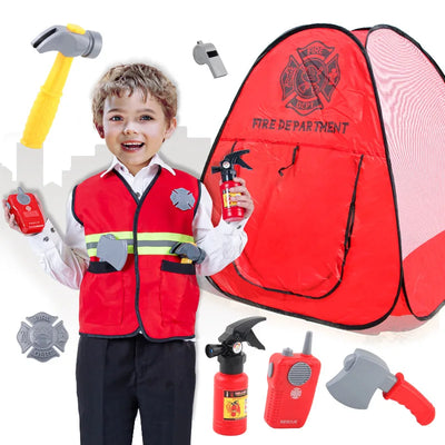 HKM-463251 Fireman Role Play Tent Set for Kids - Foldable Indoor Playhouse with Accessories, Soft Cloth Design, Dimensions 84x84x93cm