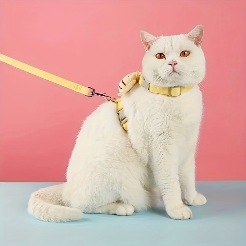 HKM-4634301 Adjustable Escape-Proof Cat Harness and Leash Set in Yellow Bee Plaid for Small to Large Cats