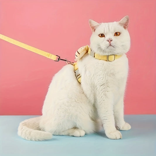 HKM-4634301 Adjustable Escape-Proof Cat Harness and Leash Set in Yellow Bee Plaid for Small to Large Cats