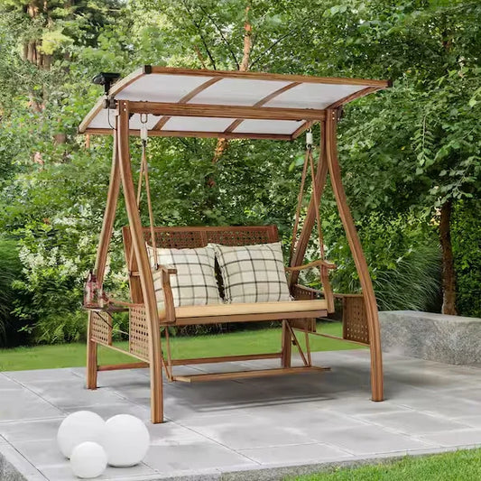 HKM-464019 Wooden Patio Swing Chair with Canopy for Garden and Backyard Relaxation