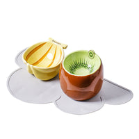 HKM-4642749 Cat Bowl Set with Protective Cushion - Ceramic Kiwi and Banana Designs - Medium Size