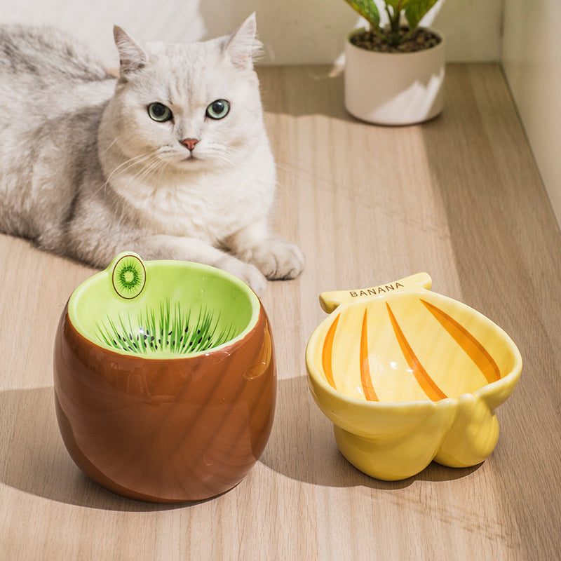 HKM-4642749 Cat Bowl Set with Protective Cushion - Ceramic Kiwi and Banana Designs - Medium Size