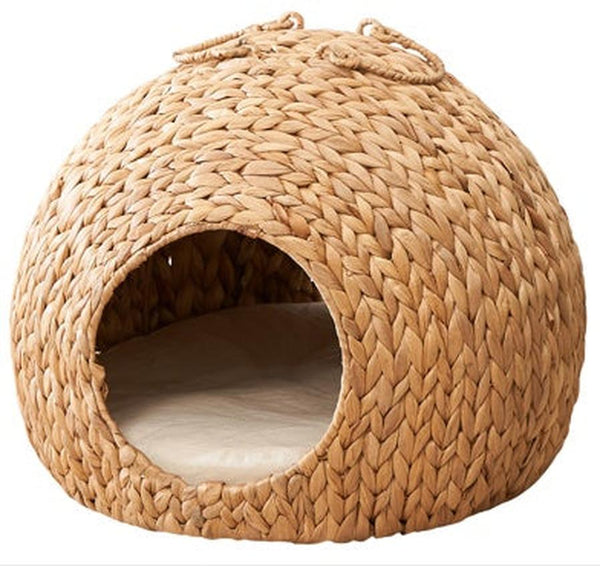HKM-464467 Natural Water Hyacinth Woven Circular Cat Bed with Handle - 18"x18"x18" - Eco-Friendly Design