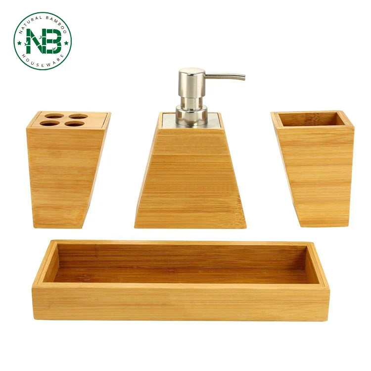 HKM-464723 Bamboo 4-Piece Bathroom Accessory Set with Soap Dispenser, Toothbrush Holder, and Tray