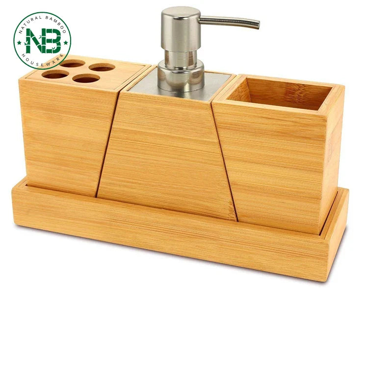 HKM-464723 Bamboo 4-Piece Bathroom Accessory Set with Soap Dispenser, Toothbrush Holder, and Tray